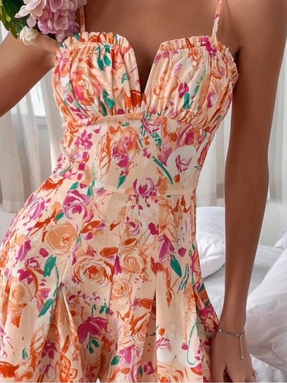 Floral Spaghetti-Strap Sundress in Peach, Pink & Teal